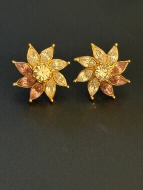 Vintage Monet Rhinestone Flower Starburst Earrings Gold Tone Pierced
